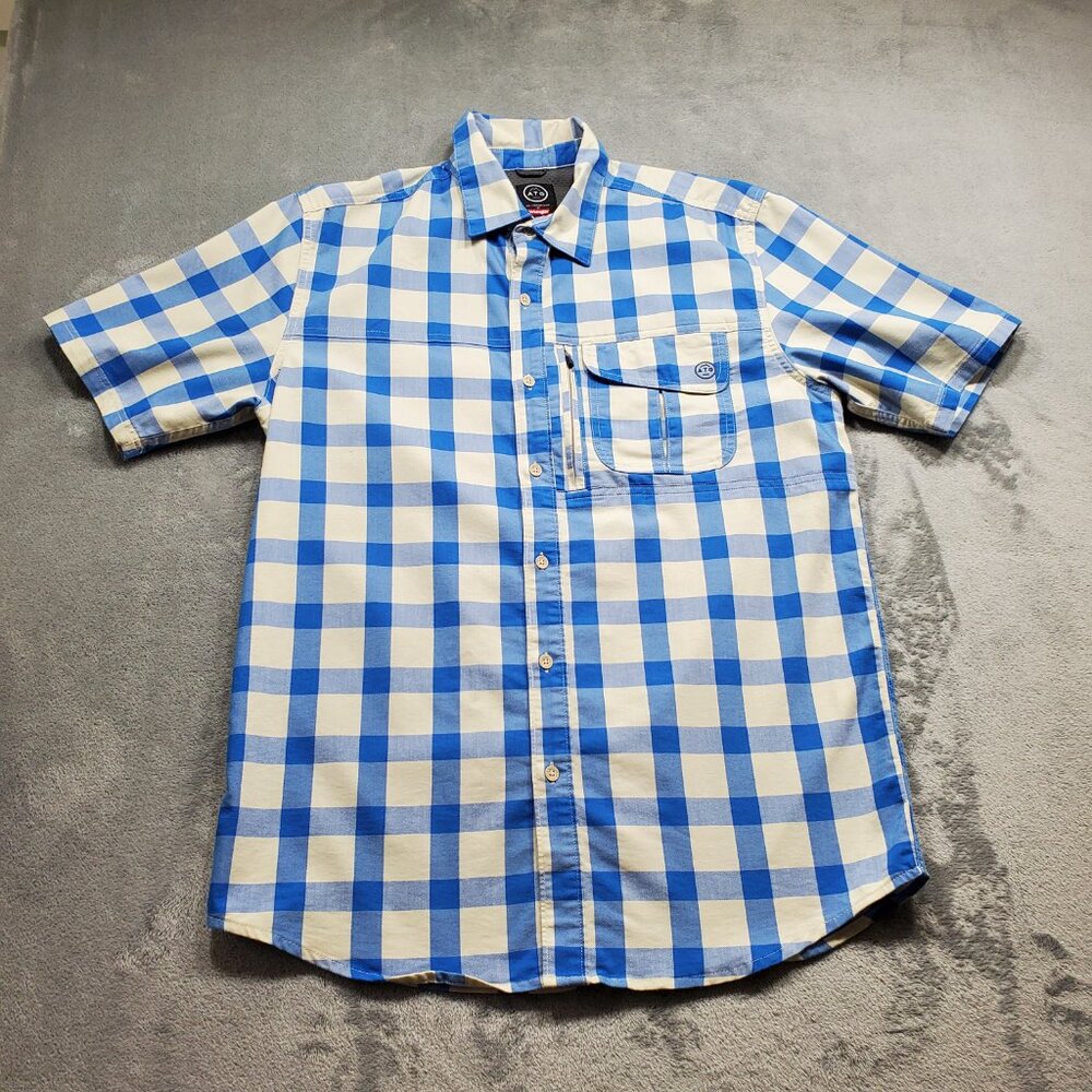 Wrangler ATG Outdoorsman Button Up Short Sleeve Plaid Shirt White Blue Men Sz M